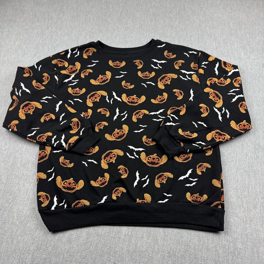 Disney Stitch Sweatshirt Womens‎ XL 15-17 Black Pumpkin Bats Halloween Pullover